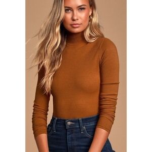 Lulus Basics Wilde Rust Orange Ribbed Long Sleeve Mock Neck Bodysuit - Size S